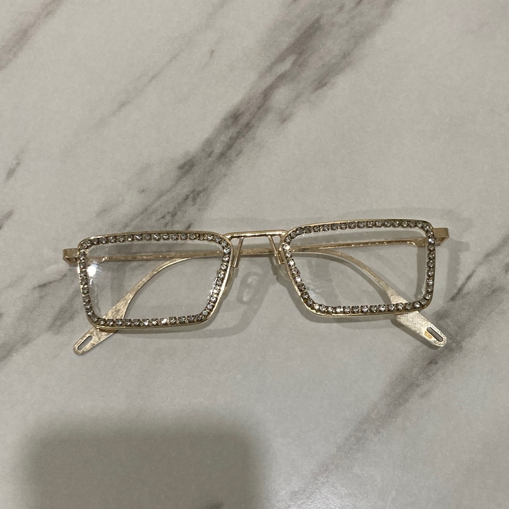 Gold Rhinestone Rectangle Frame Fashion Glasses - Picture 3 of 16